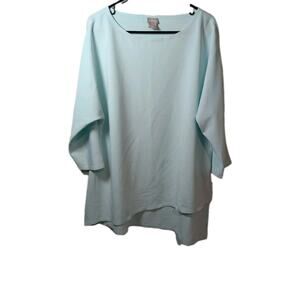 Chico's Shirt Blouse Size Large Aqua Blue Diagonal Top Women's Stretchy Tunic